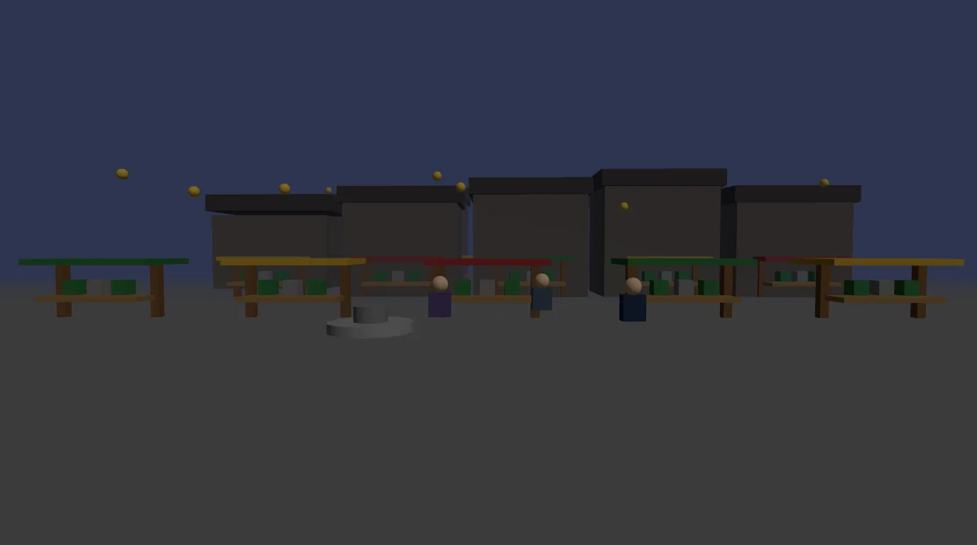 The same prompt built by a general-purpose AI agent: flat-shaded boxes standing in for stalls, lanterns as bare spheres, no textures or light